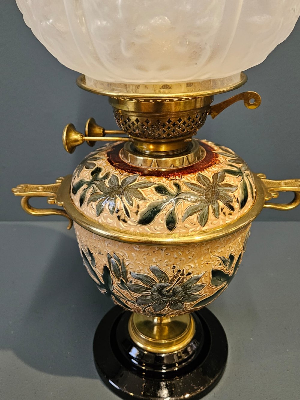 Victorian Doulton Lambeth Ware Oil Lamp and Shade View III