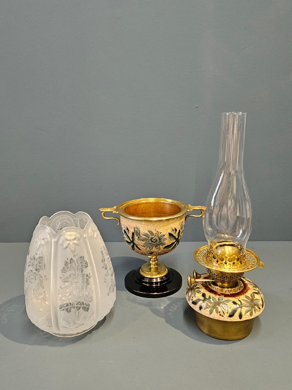 Victorian Doulton Lambeth Ware Oil Lamp and Shade View V