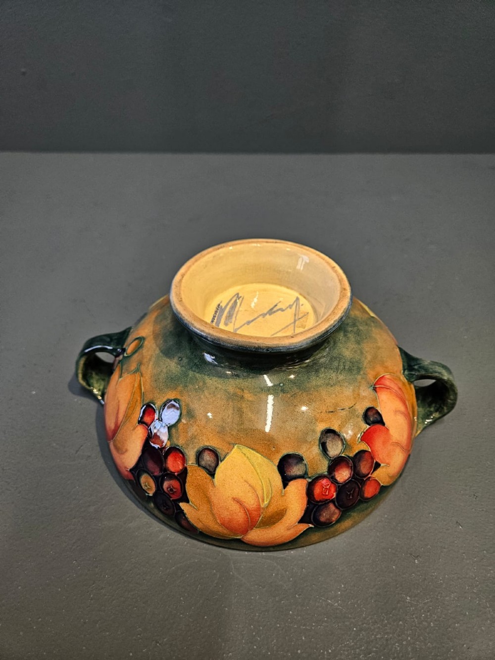 Moorcroft Leaf and Berries Flambe Twin Handle Bowl View V