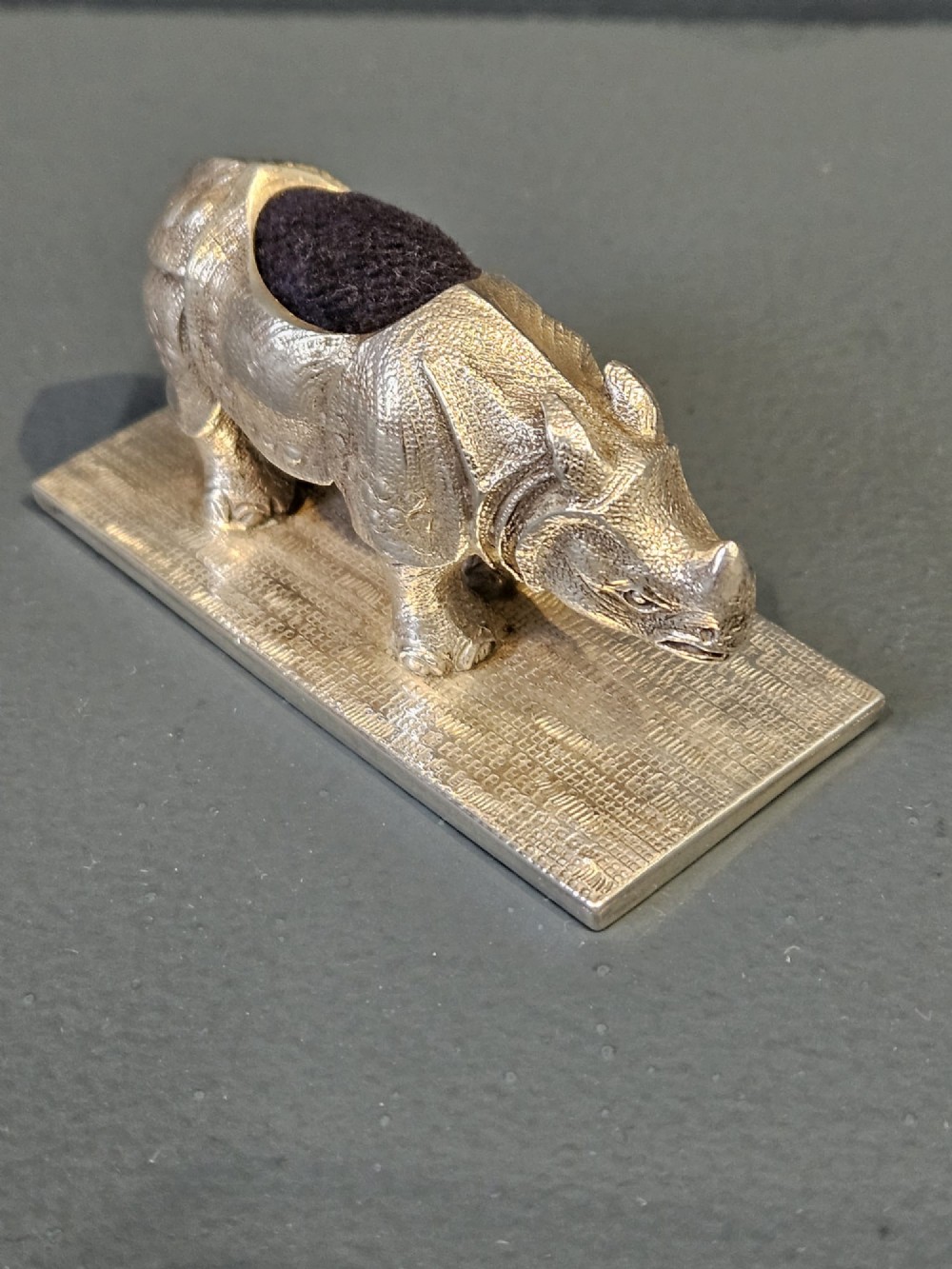 Rare Early Victorian Cast Silver Rhino Pin Cushion View IV