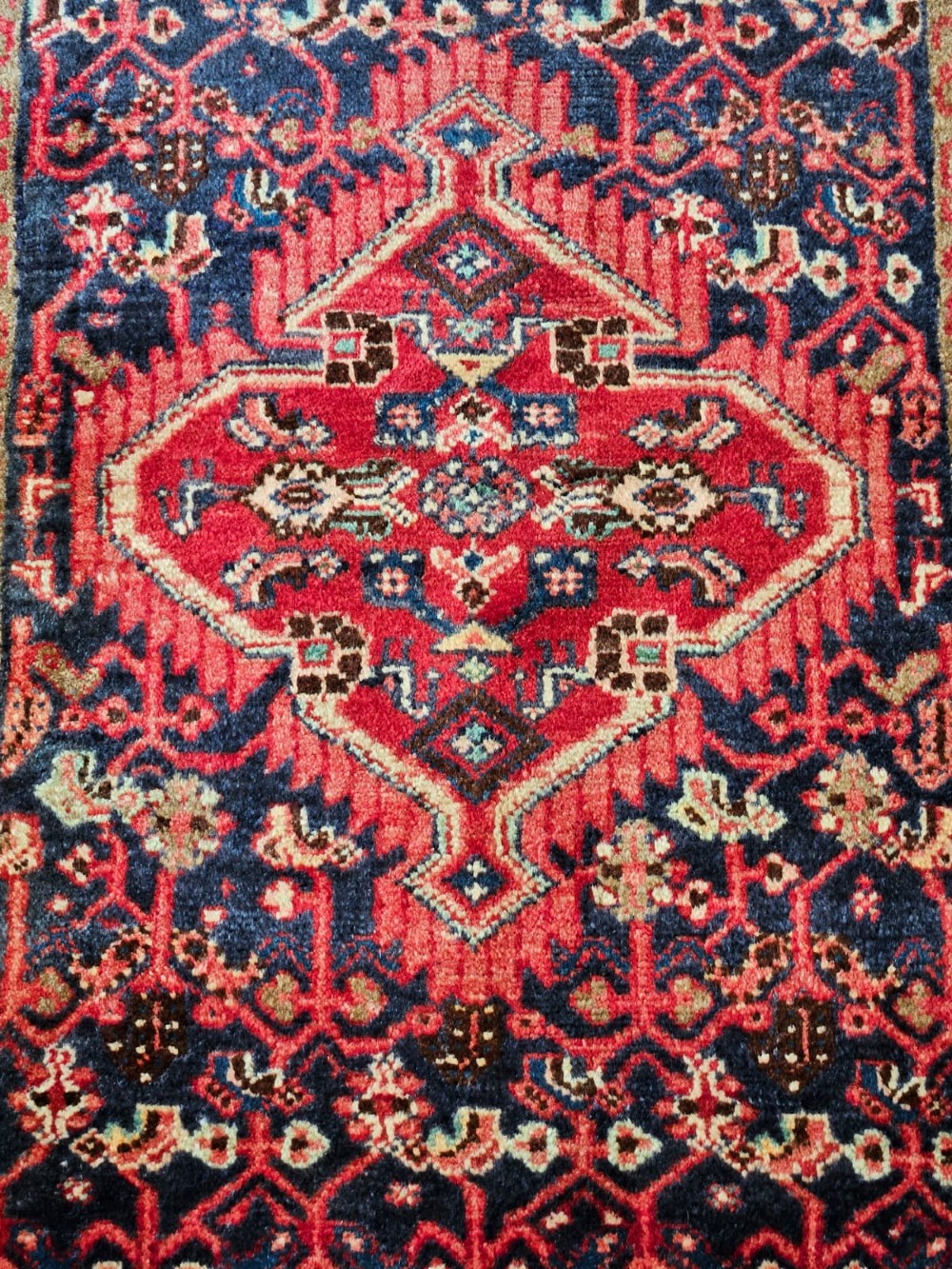 A long hand-knotted wool runner rug featuring deep navy blue and terracotta geometric medallion patterns with a cream decorated border. View IV