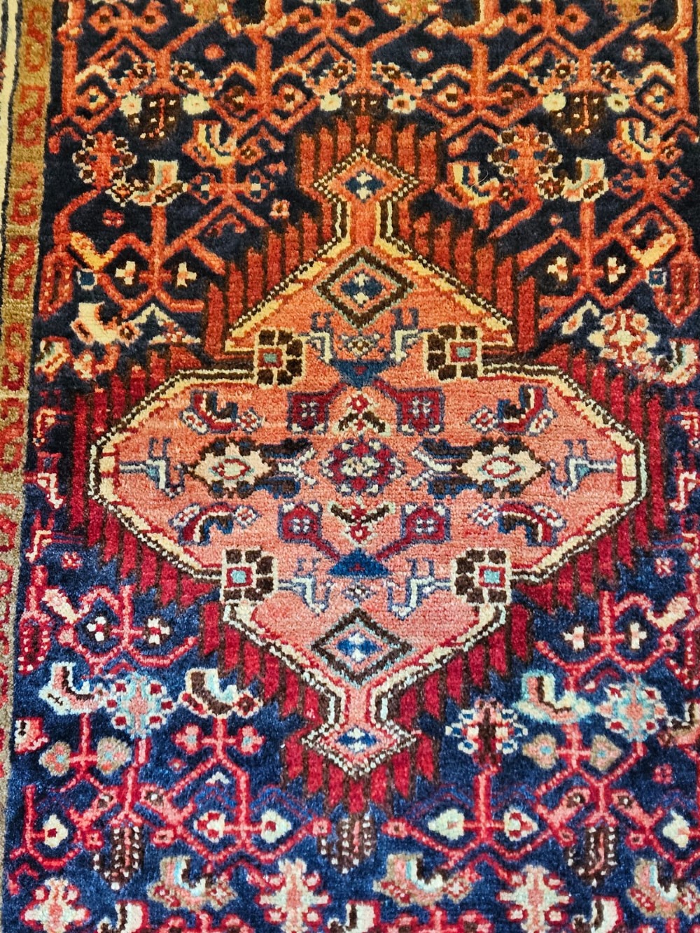 A long hand-knotted wool runner rug featuring deep navy blue and terracotta geometric medallion patterns with a cream decorated border. View VI