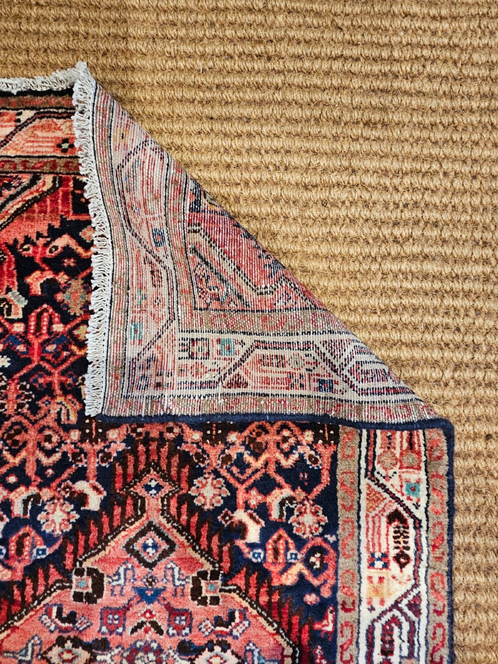 A long hand-knotted wool runner rug featuring deep navy blue and terracotta geometric medallion patterns with a cream decorated border. View VII