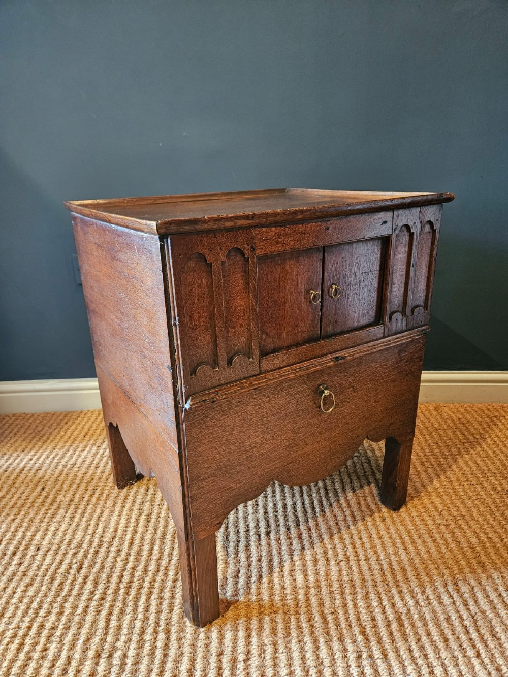 A George III dark oak nightstand featuring a tray top gallery, central cupboard doors flanked by carved arch panels, a lower drawer, and brass ring handles. View V
