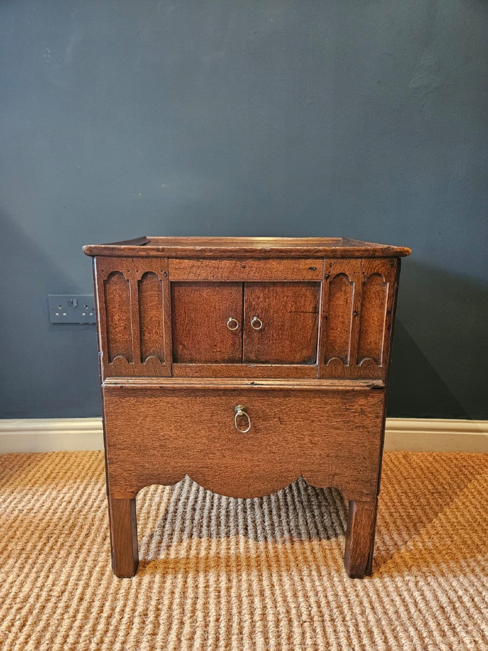 A George III dark oak nightstand featuring a tray top gallery, central cupboard doors flanked by carved arch panels, a lower drawer, and brass ring handles. View VI