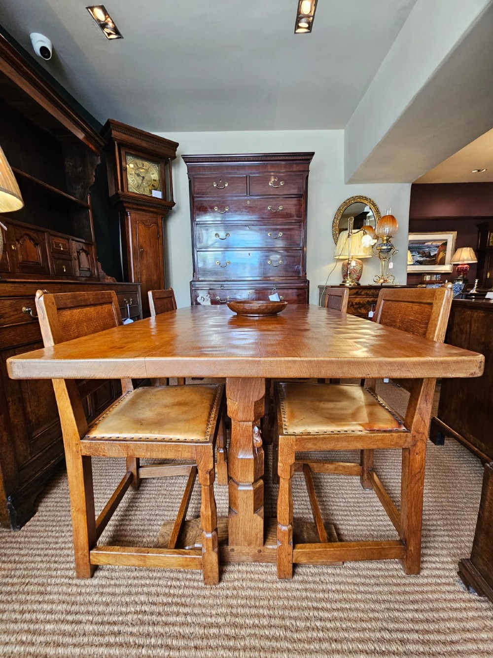 Superb 1940's Thompson of Kilburn Mouseman Dining Table and Chairs View II