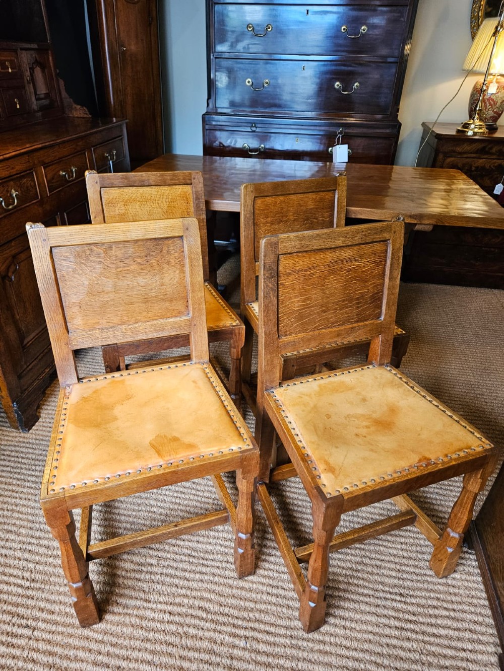 Superb 1940's Thompson of Kilburn Mouseman Dining Table and Chairs View XII