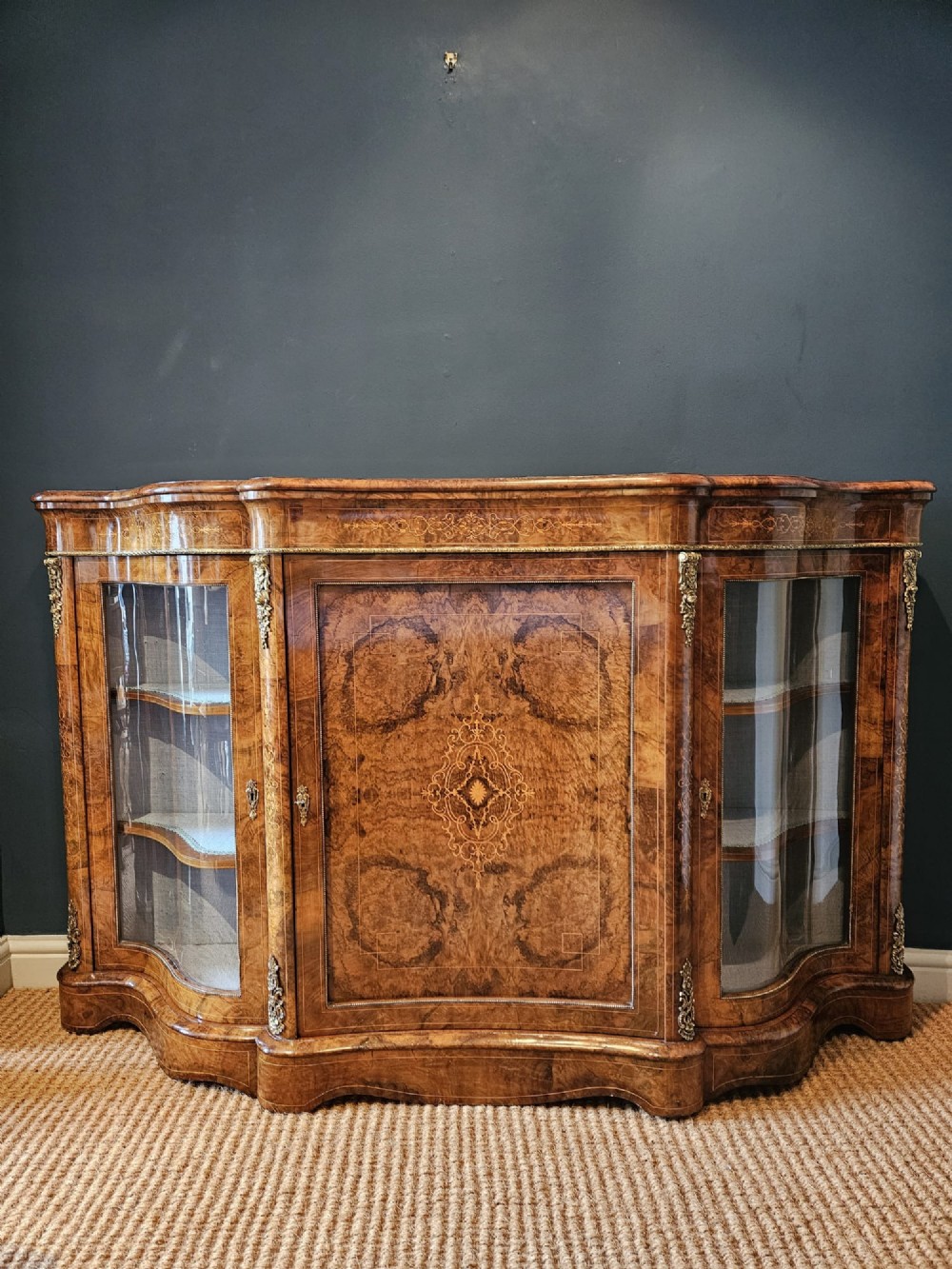 Outstanding Quality Mid Victorian Inlaid Burr Walnut Serpentine Fronted Credenza
