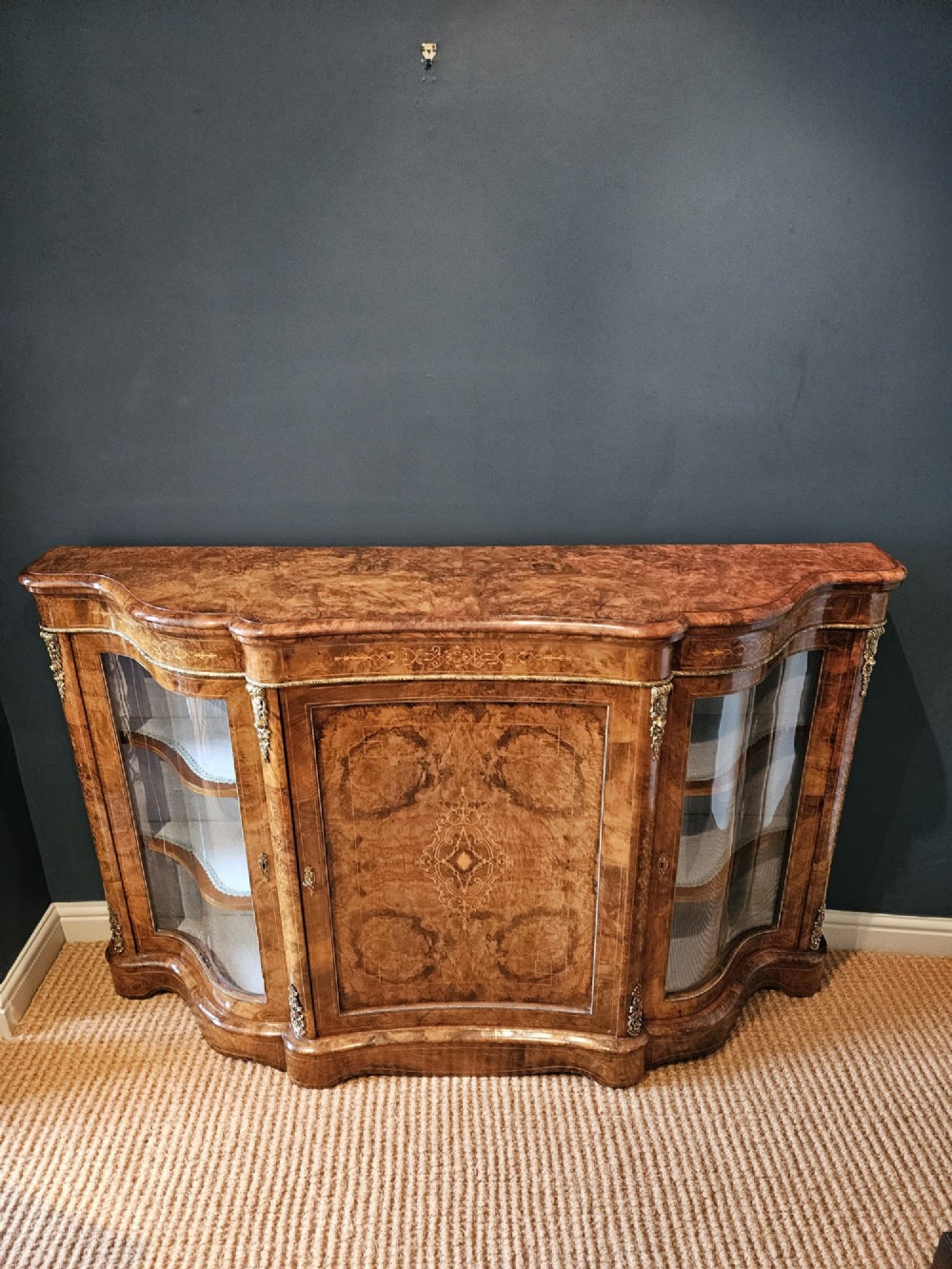 Outstanding Quality Mid Victorian Inlaid Burr Walnut Serpentine Fronted Credenza View IV