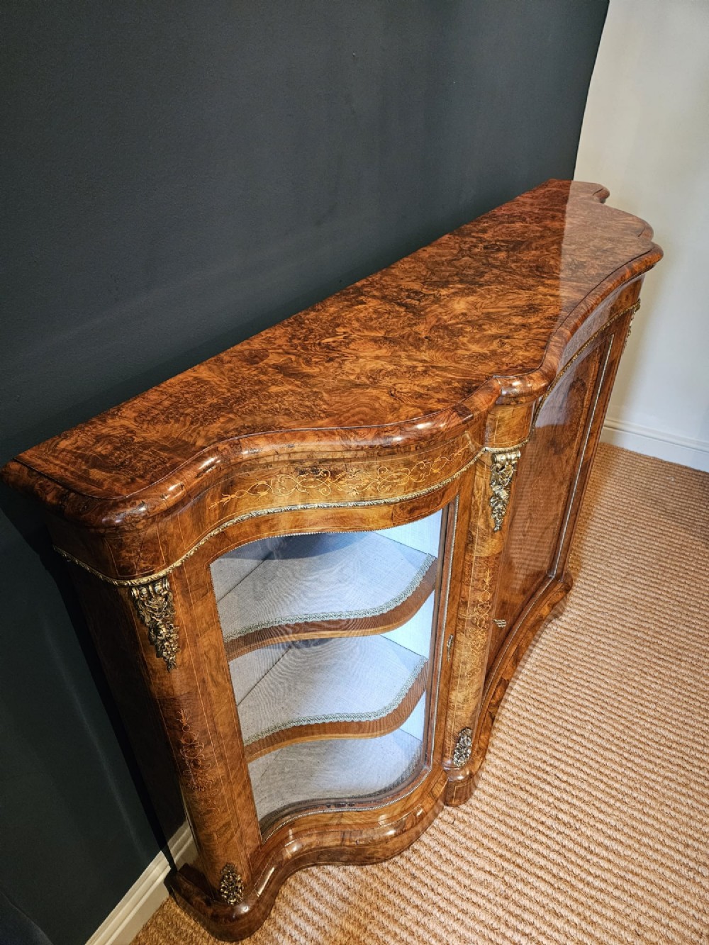 Outstanding Quality Mid Victorian Inlaid Burr Walnut Serpentine Fronted Credenza View VII
