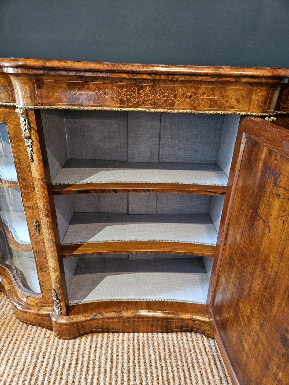 Outstanding Quality Mid Victorian Inlaid Burr Walnut Serpentine Fronted Credenza View IX