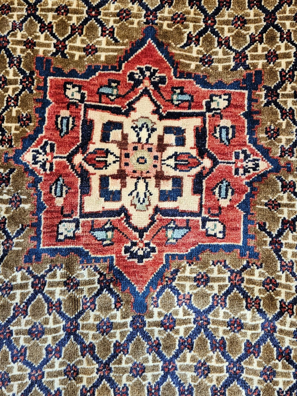 A small rectangular hand-knotted wool rug featuring a central star medallion, geometric lattice field, and deep red and blue borders. View III