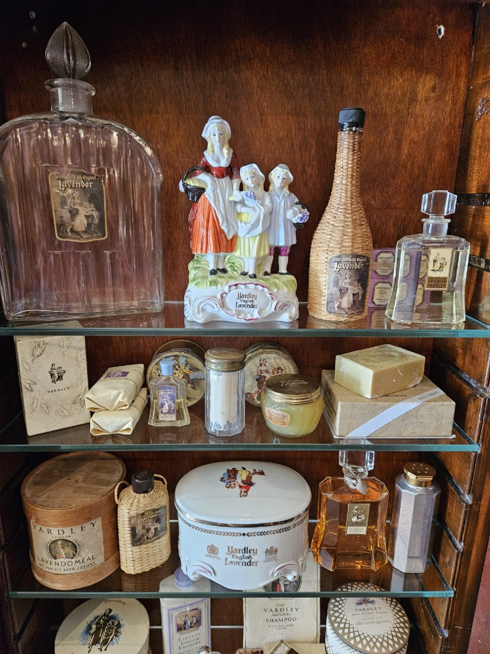 A tall Edwardian mahogany glazed display cabinet featuring gilded commercial typography on the glass door and shelves filled with apothecary bottles and packages. View VII