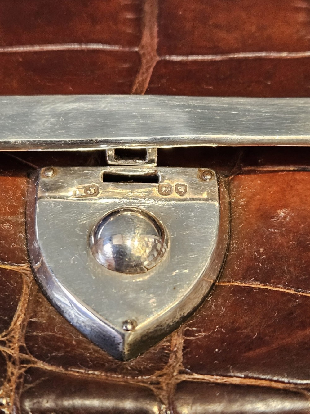 A small rectangular brown crocodile skin purse with hallmarked sterling silver rim mounts and a central push-button clasp. View IV
