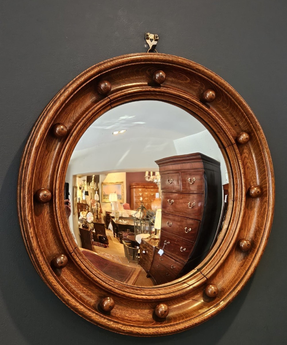 Edwardian Oak Framed Convex Mirror in the Manner of Heals