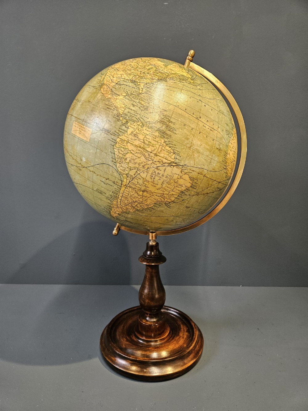 1920's Bacon's 12" Plaster Globe on Walnut Foot