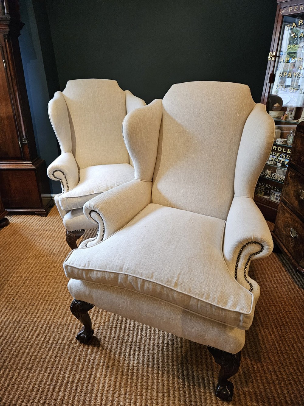 Matching Pair of Late Victorian Linen Covered Wing Back Arm Chairs