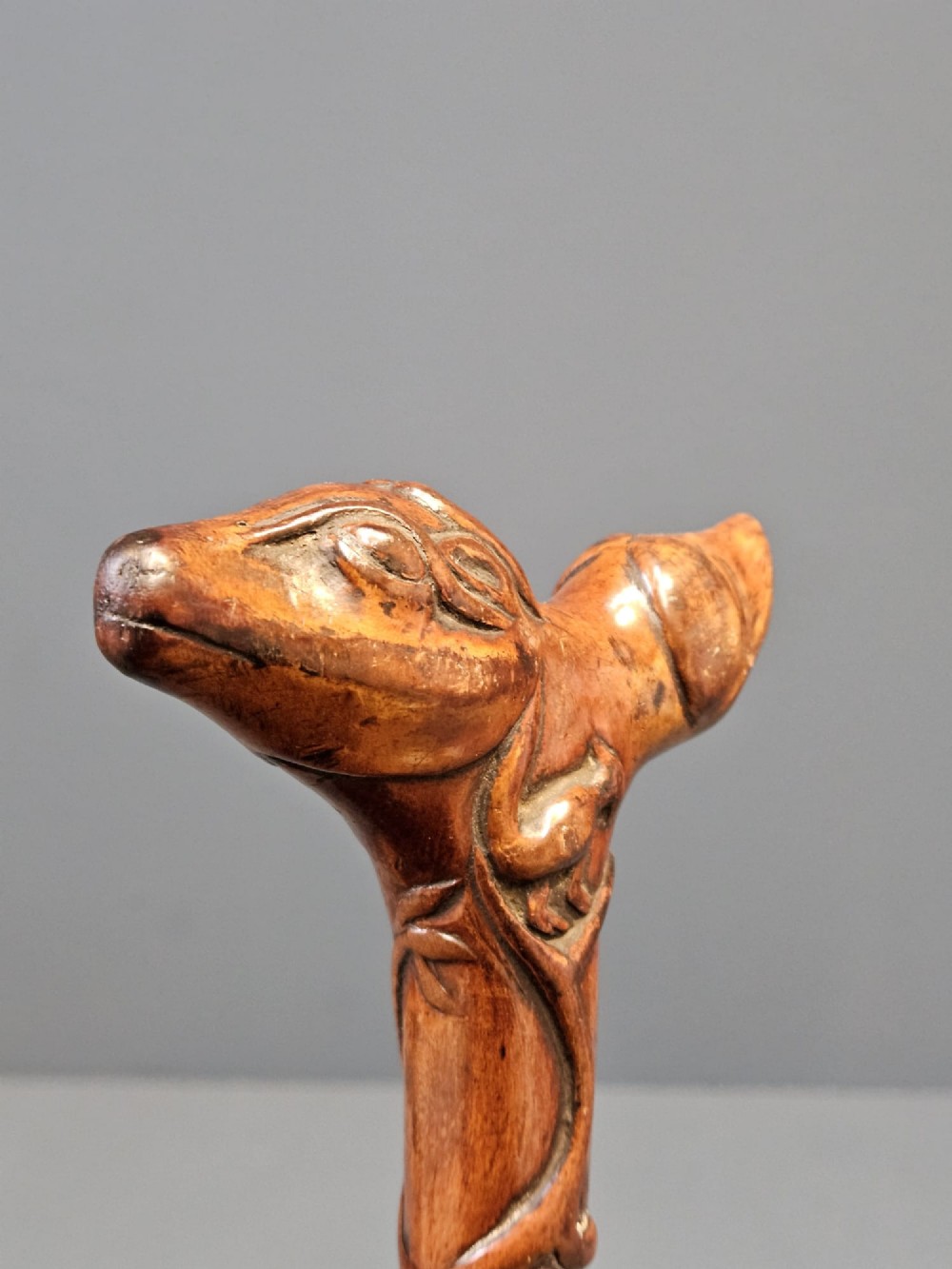 An Edwardian walking stick with a hand-carved wooden dog head handle on a knobbly blackthorn shaft with a silver-coloured collar. View III
