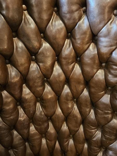 A Victorian dark brown leather armchair featuring deep button tufting, brass stud trimming, and cabriole front legs. View VI