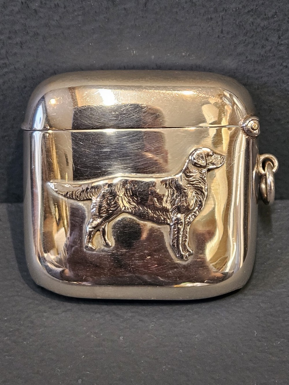 A polished silver rectangular vesta case with a hinged lid, side loop, and an embossed retriever dog motif in relief.