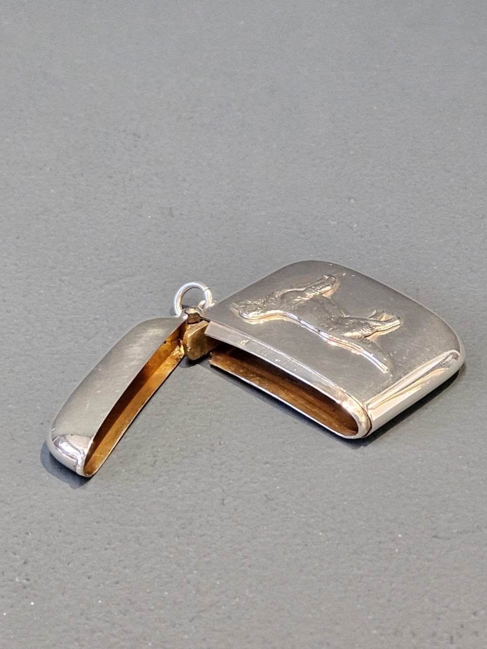 A polished silver rectangular vesta case with a hinged lid, side loop, and an embossed retriever dog motif in relief. View III