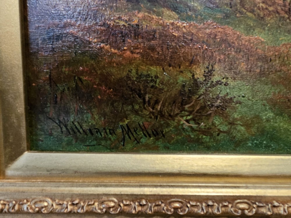 A Victorian landscape oil painting depicting a Lake District scene with hills and trees, enclosed in an ornate gold gilt frame. View II