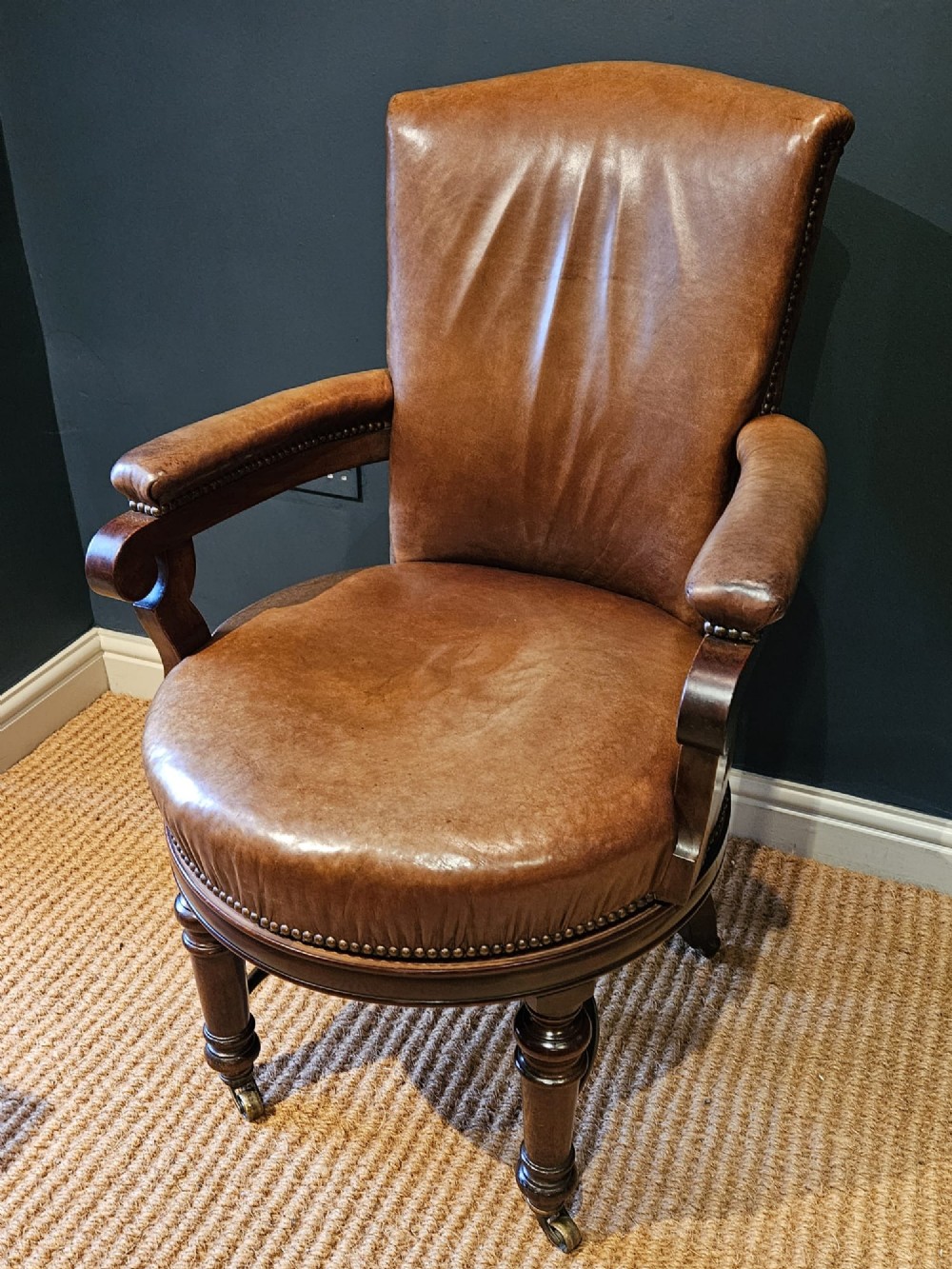 Victorian Revolving Desk Chair with Original Hide Upholstery