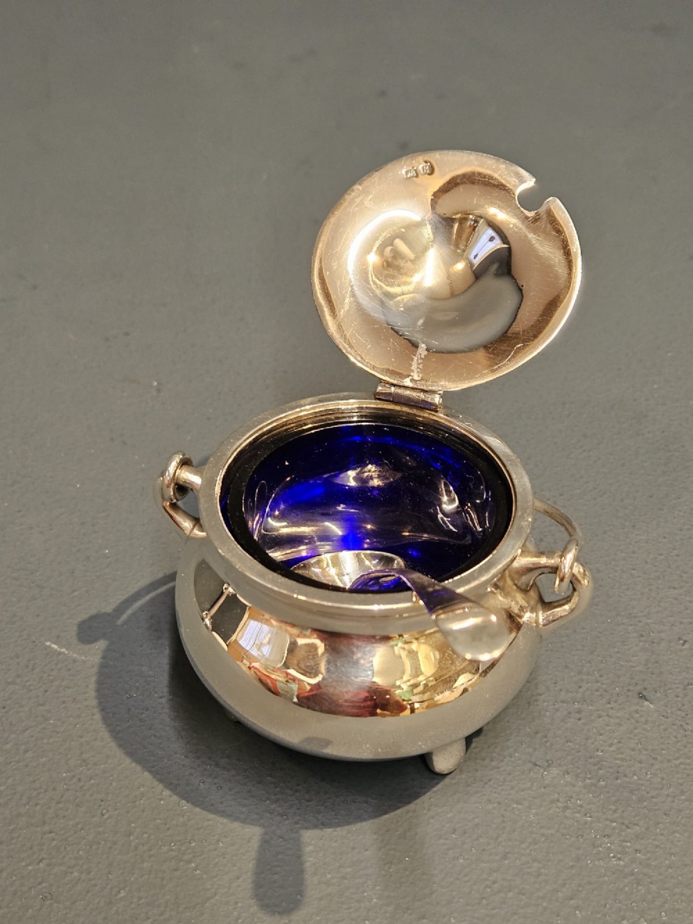 A pair of silver cauldron-shaped Edwardian mustard pots featuring overhead wire handles, hinged lids, and three small feet. View IV
