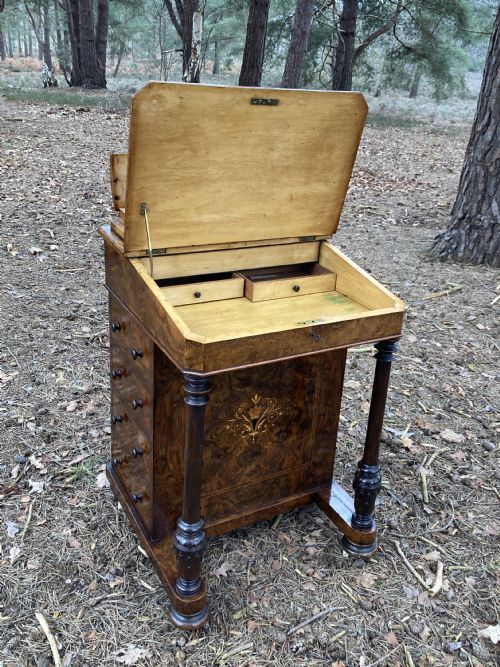 VICTORIAN BURR WALNUT MARQUETRY INLAID DAVENPORT CIRCA 1870 - ADDITIONAL PHOTO 2
