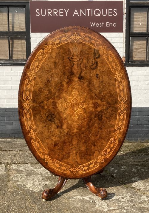 victorian burr walnut and marquetry inlaid oval breakfast centre table circa 1860 - CATEGORY: ANTIQUE TABLES - DATED VICTORIAN