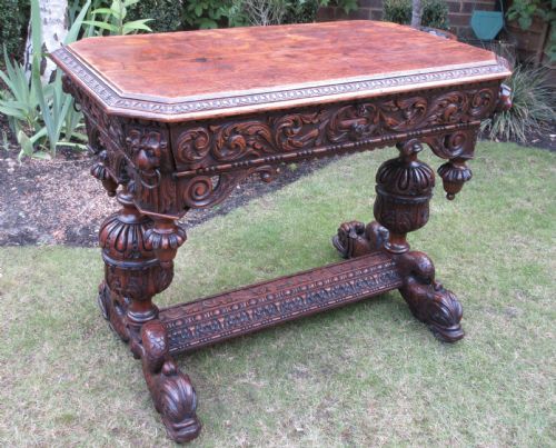 VICTORIAN CARVED TIGER OAK DOLPHIN CENTRE TABLE CIRCA 1850 - ADDITIONAL PHOTO 1