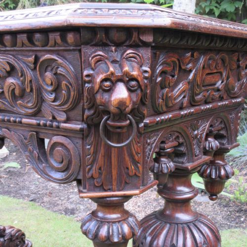 VICTORIAN CARVED TIGER OAK DOLPHIN CENTRE TABLE CIRCA 1850 - ADDITIONAL PHOTO 3