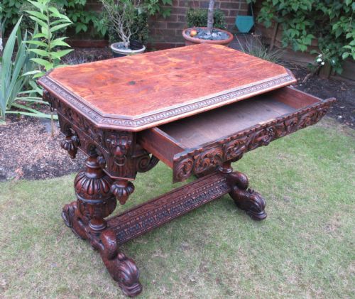 VICTORIAN CARVED TIGER OAK DOLPHIN CENTRE TABLE CIRCA 1850 - ADDITIONAL PHOTO 5