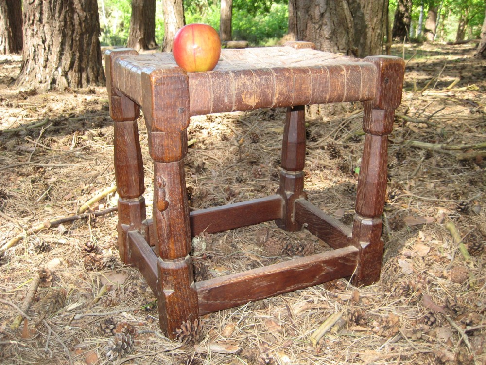 Very Early Mouseman Stool with Original Lattice Seat, Circa 1930