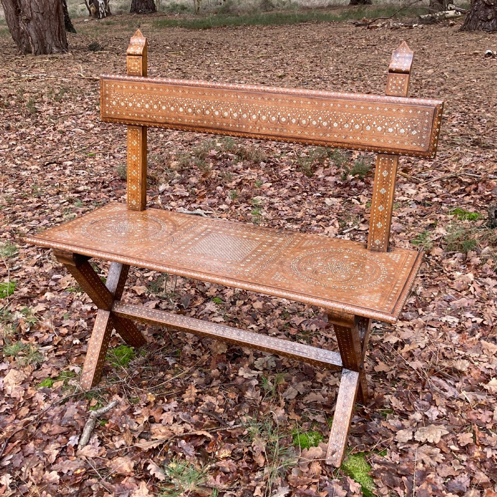 Beautiful Syrian Moorish Bone Inlaid Bench, Circa 1880