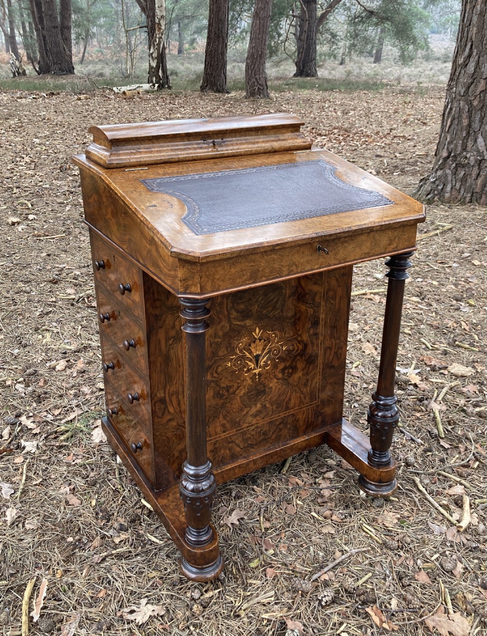 Victorian Burr Walnut Marquetry Inlaid Davenport, Circa 1870