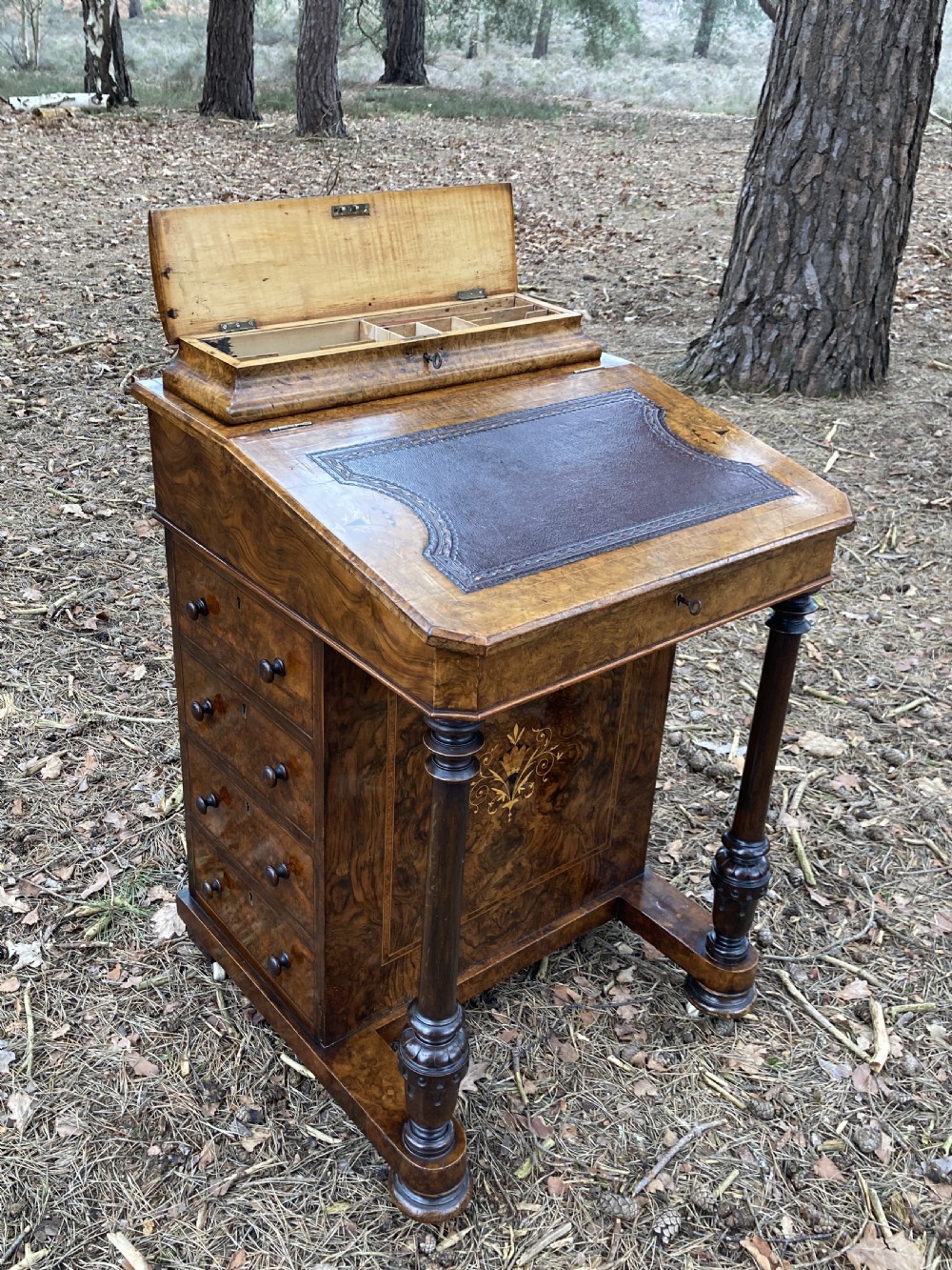 Victorian Burr Walnut Marquetry Inlaid Davenport, Circa 1870 View II