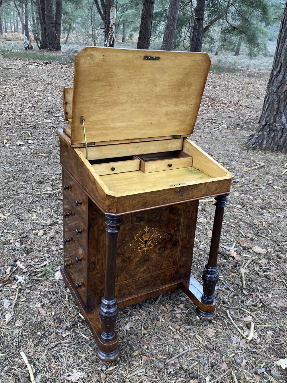 Victorian Burr Walnut Marquetry Inlaid Davenport, Circa 1870 View III
