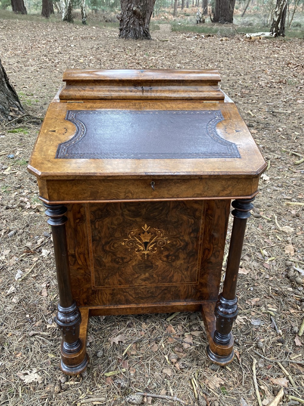 Victorian Burr Walnut Marquetry Inlaid Davenport, Circa 1870 View IV