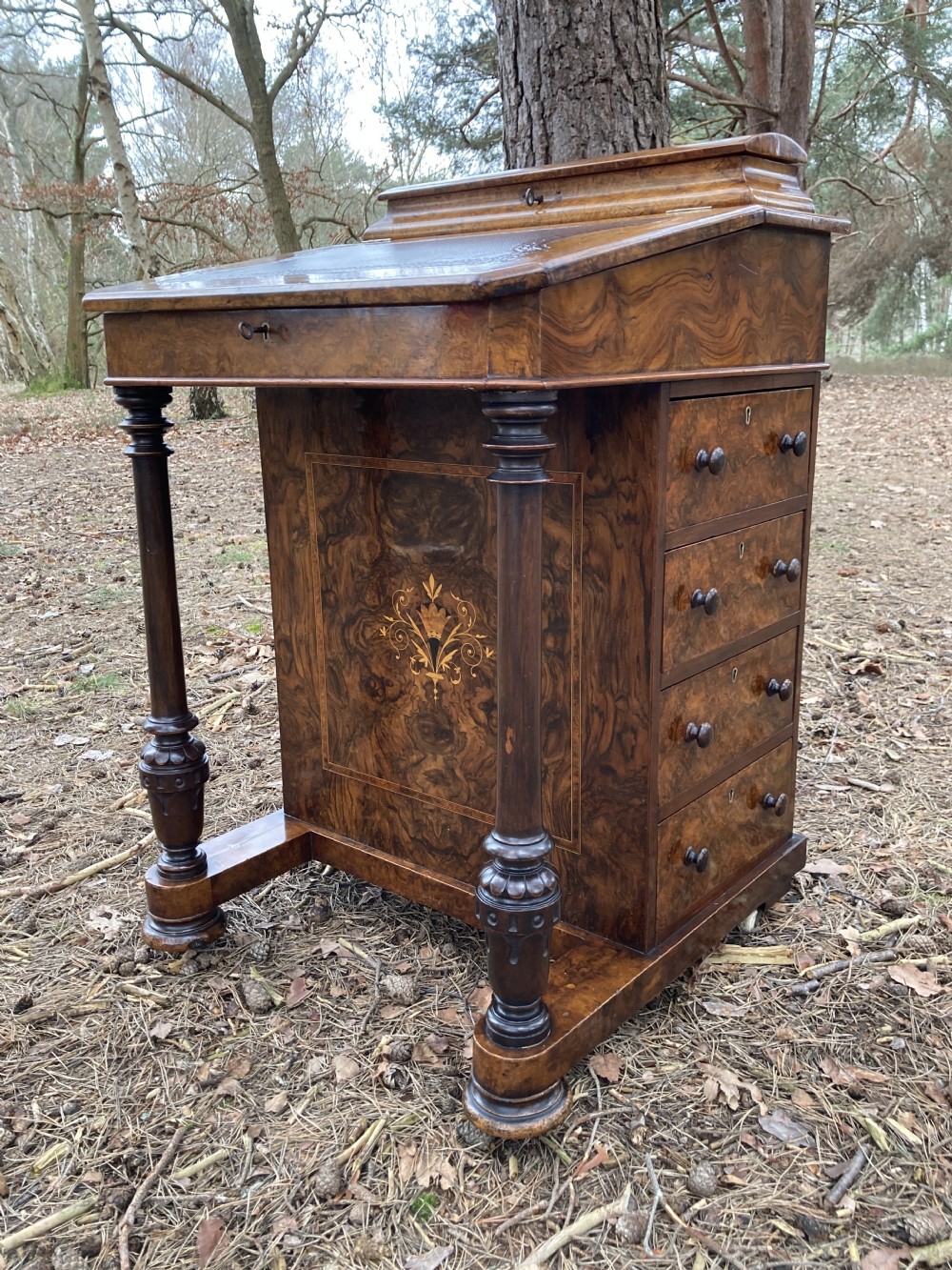 Victorian Burr Walnut Marquetry Inlaid Davenport, Circa 1870 View IX
