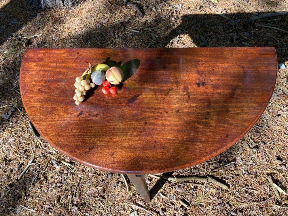 A late Georgian semi-circular mahogany folding campaign table with a polished finish and tapered legs resting outdoors. View VII