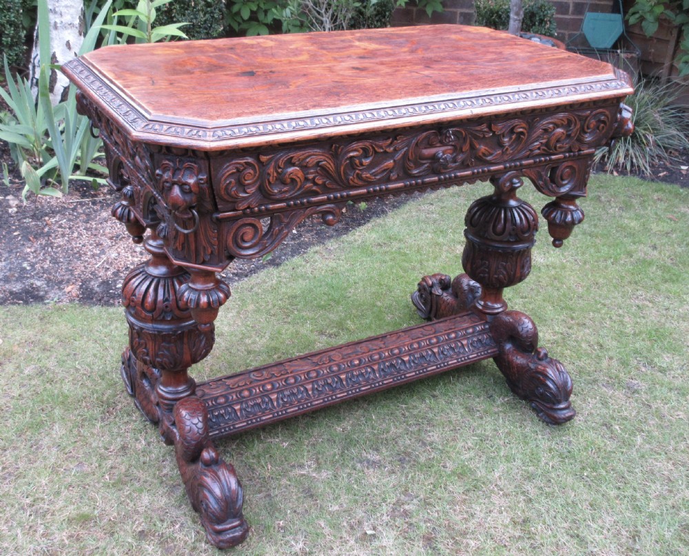 Victorian Carved Tiger Oak Dolphin Centre Table, Circa 1850 View II