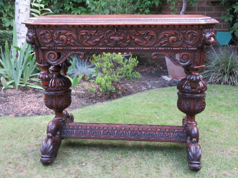 Victorian Carved Tiger Oak Dolphin Centre Table, Circa 1850 View III