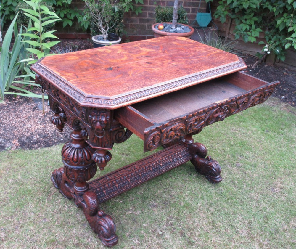 Victorian Carved Tiger Oak Dolphin Centre Table, Circa 1850 View VI