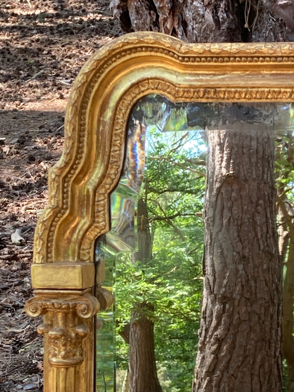 A tall late 18th-century giltwood pier glass mirror featuring fluted pilasters, classical capitals, and a shaped bevelled glass plate. View V