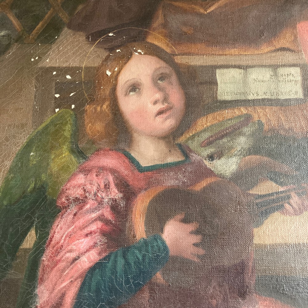 An antique oil painting on canvas depicting a winged angel in pink and teal robes playing a musical instrument.