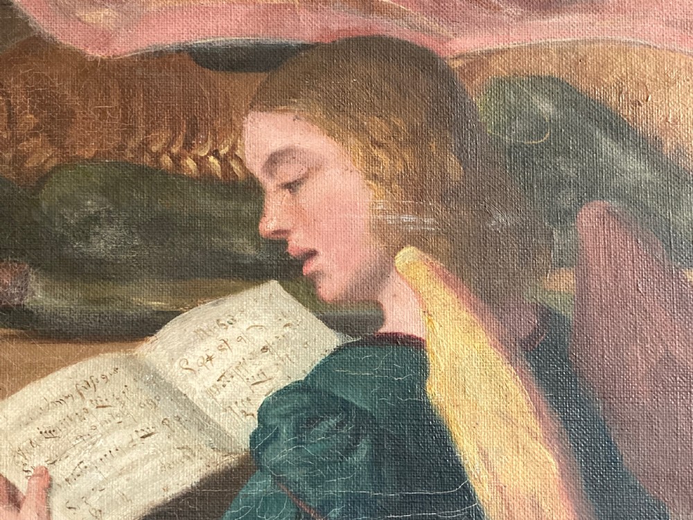 An antique oil painting on canvas depicting a winged angel in pink and teal robes playing a musical instrument. View III