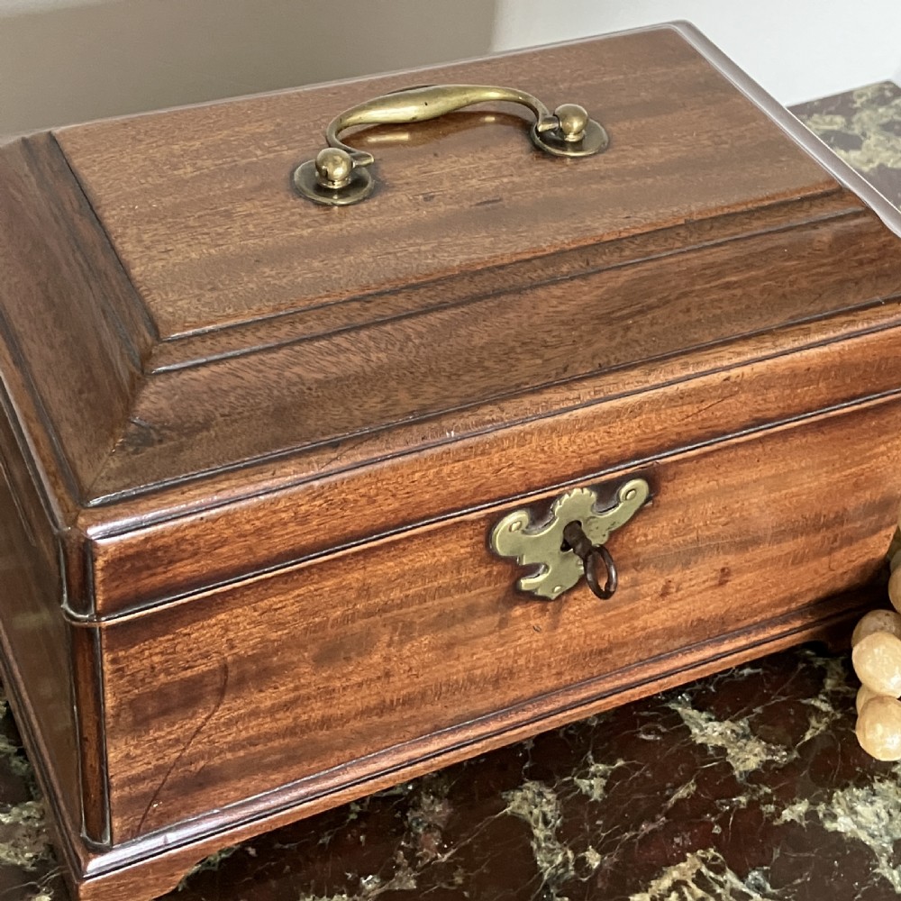 A rectangular Georgian mahogany tea caddy with a stepped lid, top brass handle, and decorative brass escutcheon. View IV