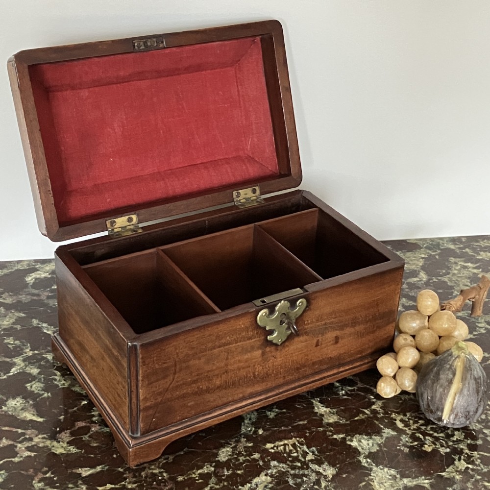 A rectangular Georgian mahogany tea caddy with a stepped lid, top brass handle, and decorative brass escutcheon. View V
