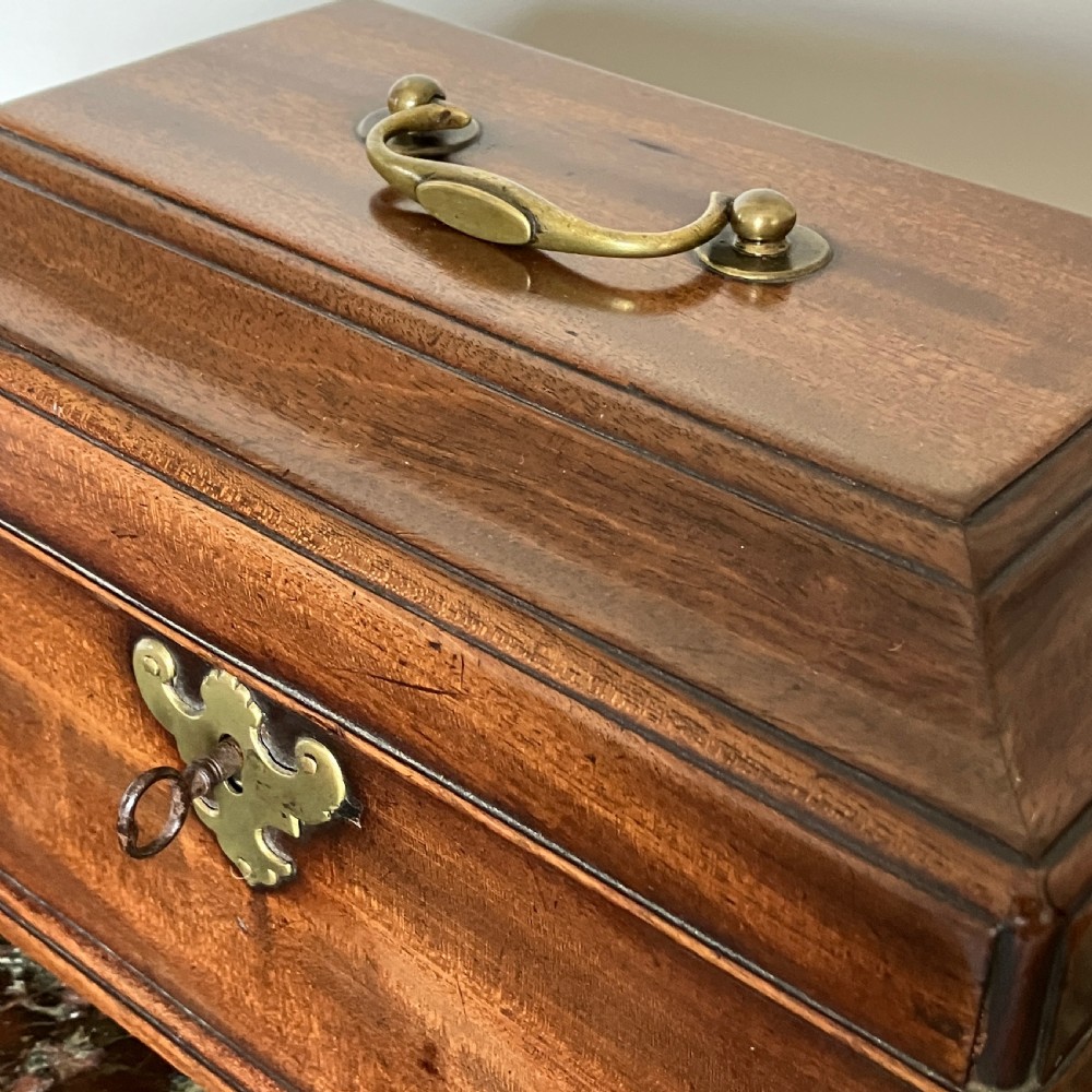 A rectangular Georgian mahogany tea caddy with a stepped lid, top brass handle, and decorative brass escutcheon. View VI